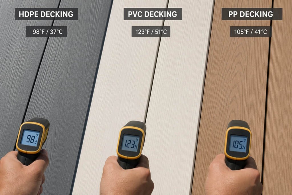 Composite Decking Materials Compared: HDPE vs PVC vs PP 3 hdpe vs pvc vs pp decking heat test