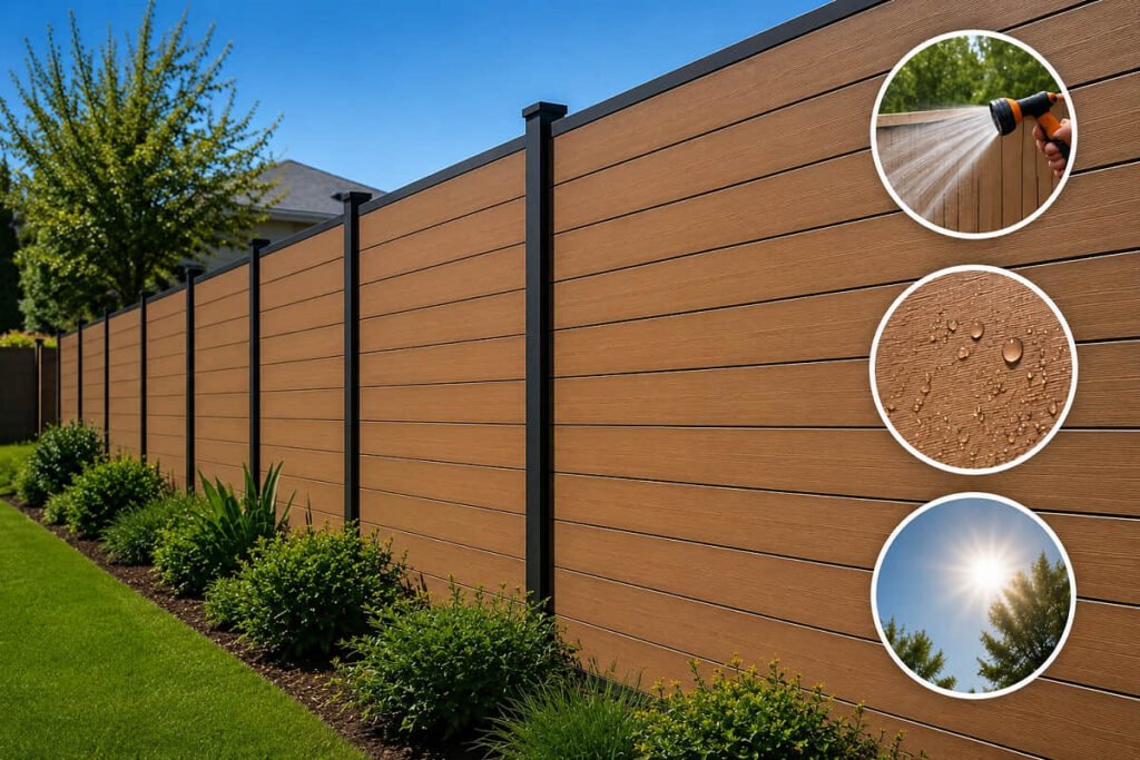 Brown composite fence with black metal posts in a well-landscaped backyard, highlighting easy-clean, waterproof, and UV-resistant features