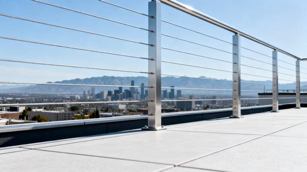 Composite, Aluminum, and Cable Deck Railing: Which System Fits Your Project? 3 stainless steel cable railing rooftop city view