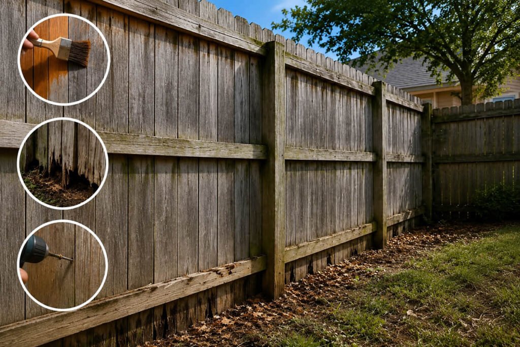 Brown composite fence with black metal posts in a well-landscaped backyard, highlighting easy-clean, waterproof, and UV-resistant features