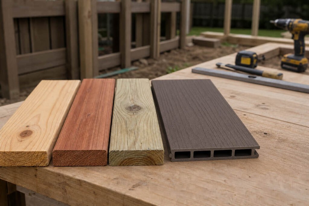 Composite Fencing vs Wood Fencing: Which Costs Less Over 15 Years? 1 capped composite and lumber material comparison