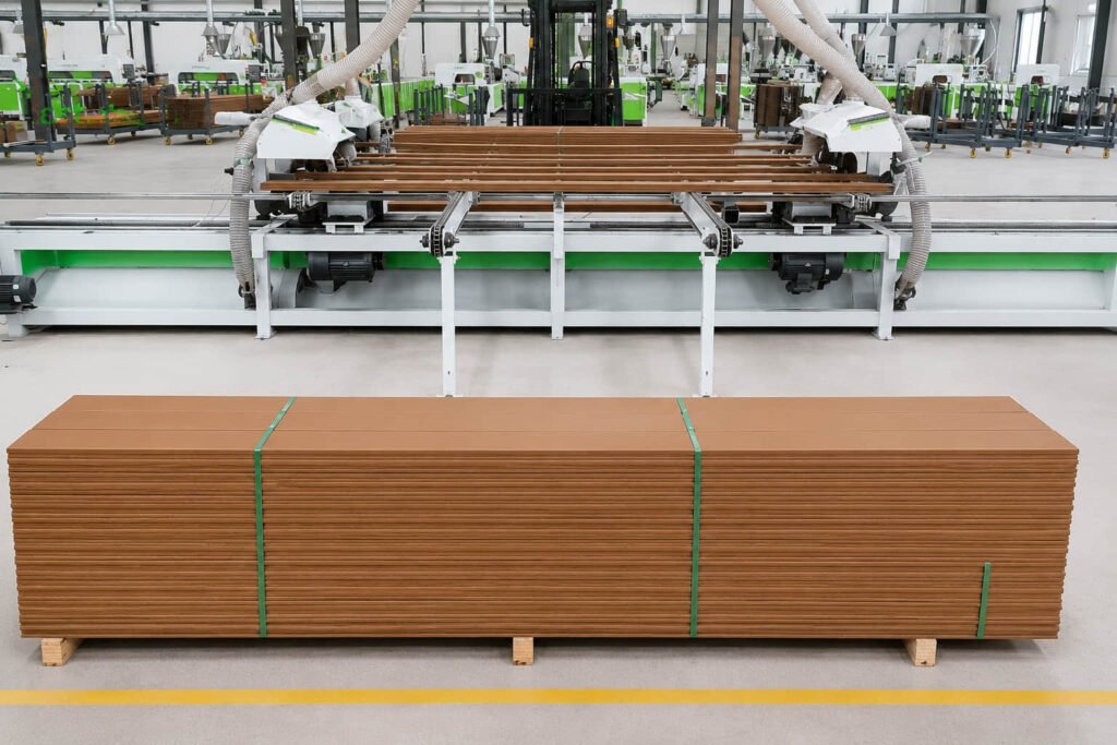 cutting composite decking boards in a factory for precise sizing and consistent project supply