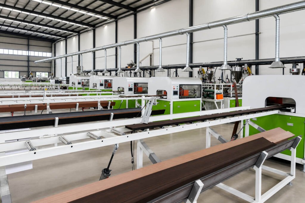 Composite decking extrusion line producing wood plastic boards for outdoor building projects