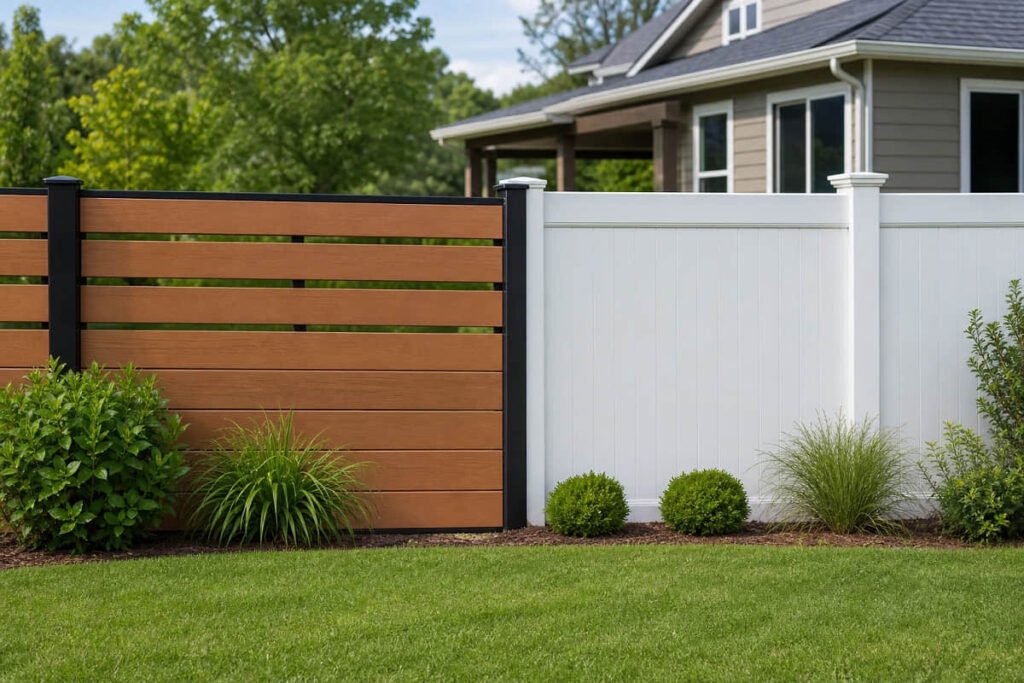Modern American yard showing warm wood-grain composite panels beside a clean white PVC privacy fence
