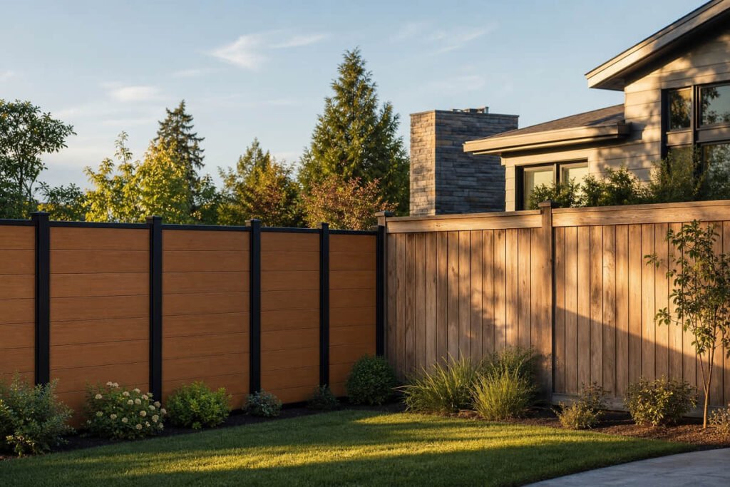 Side-by-side modern composite fence and traditional cedar fence at an American suburban home