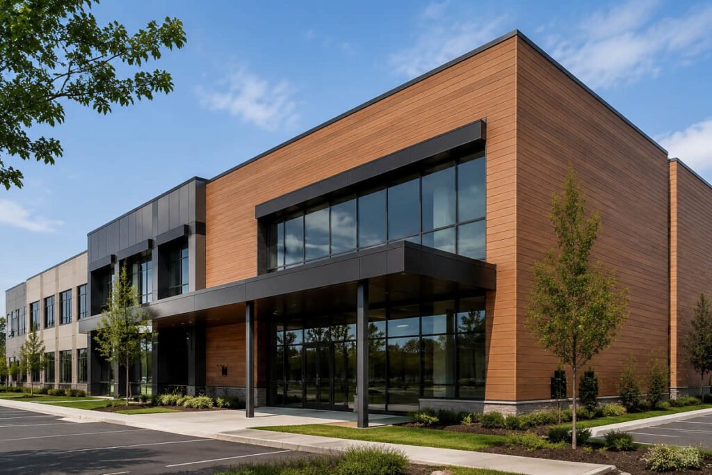 Composite shiplap siding on a modern commercial building exterior