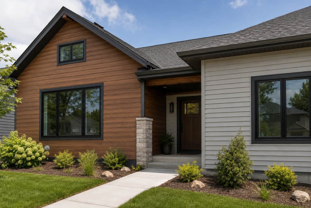 Modern home with brown composite siding and white vinyl siding