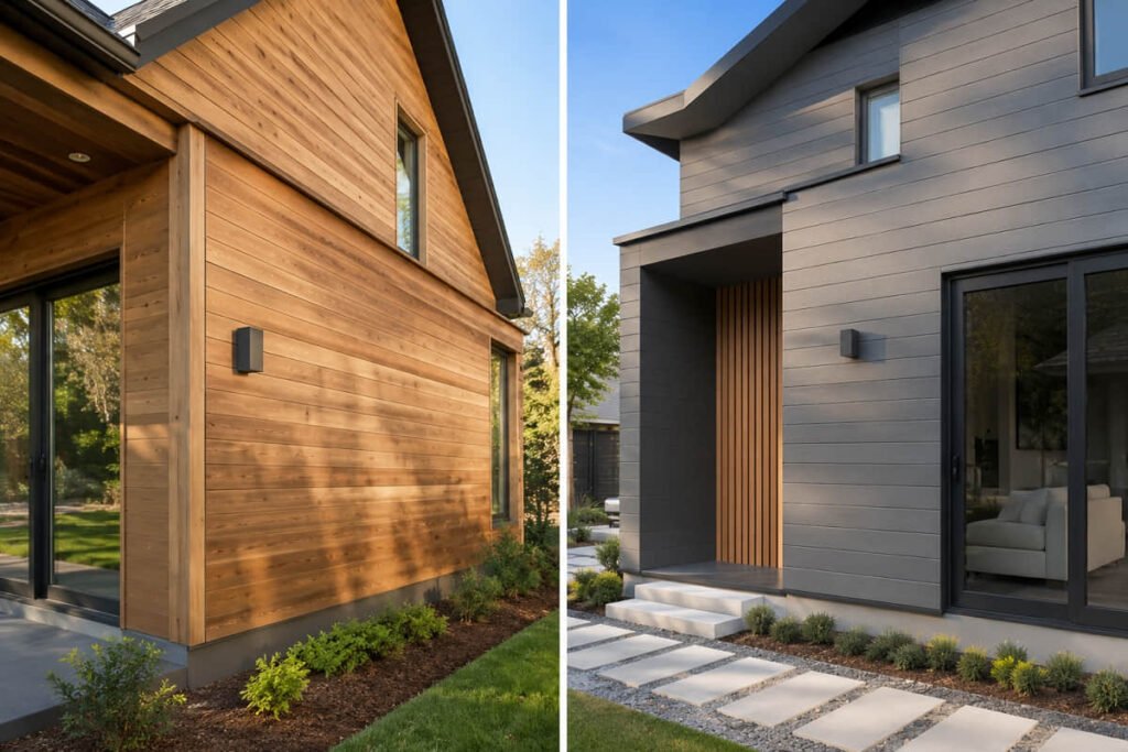 Side-by-side house exterior showing engineered wood vs composite siding