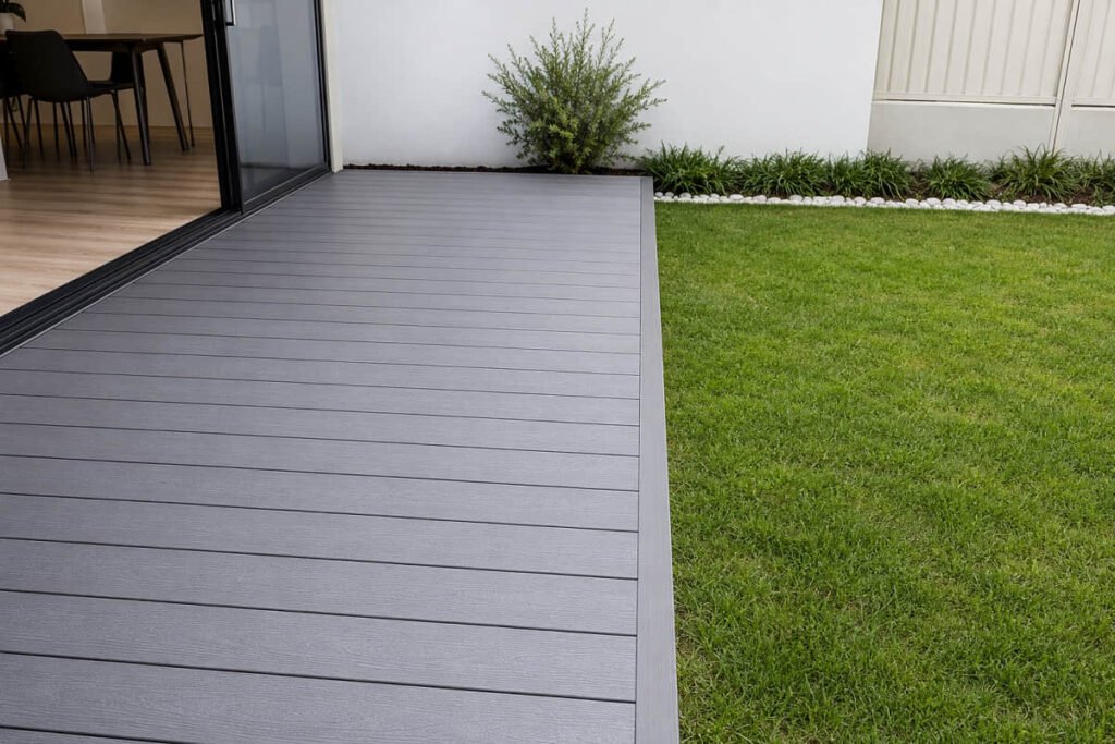 modern gray backyard composite deck surface