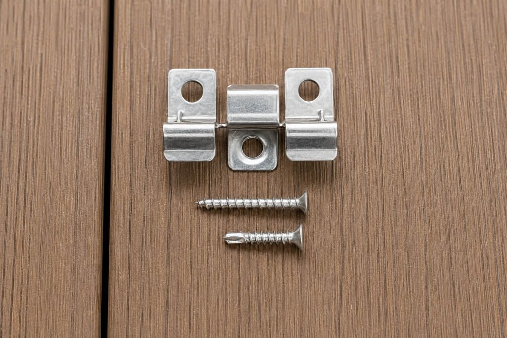 Three-piece fastening hardware displayed on composite wood-grain planks