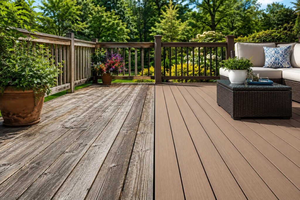 Weathered pressure-treated wood vs low-maintenance composite decking