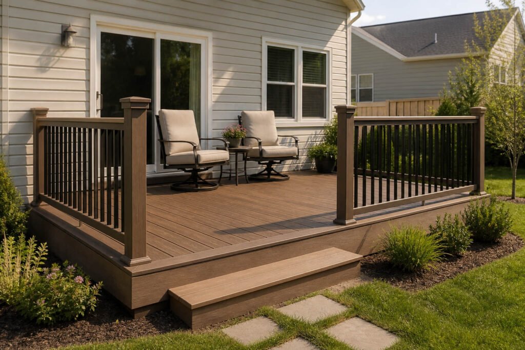 Completed 192-square-foot backyard deck with three-sided railing used as a realistic project cost example