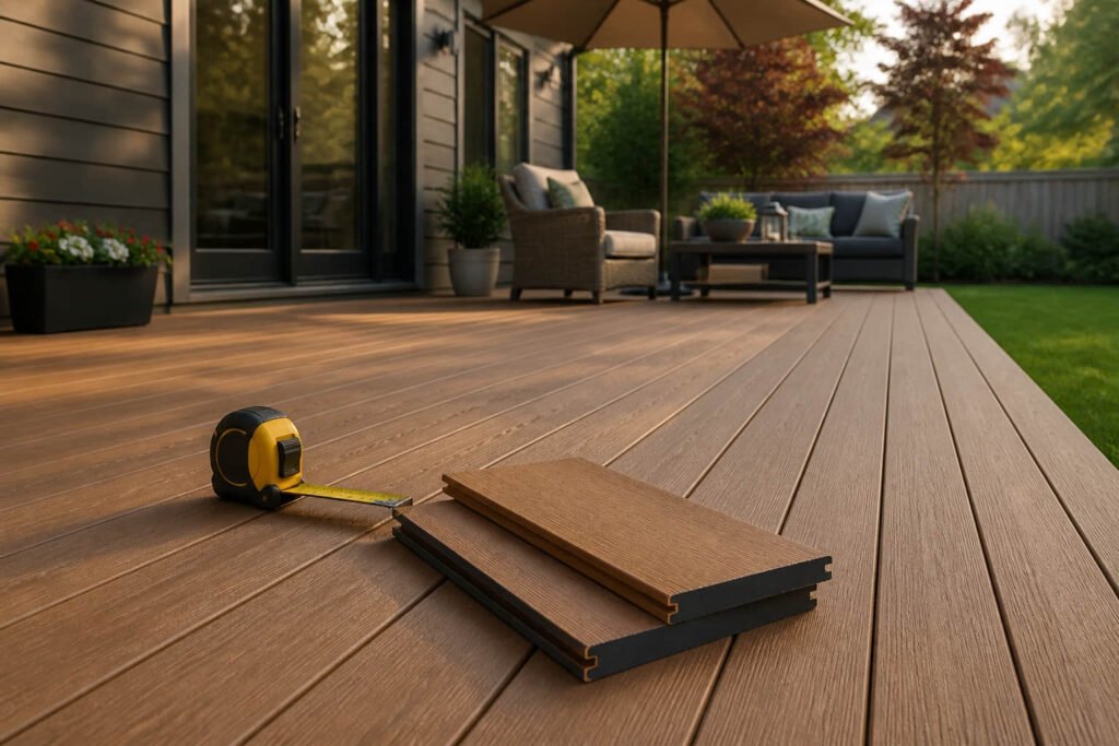 Premium capped deck with material samples beside a modern American backyard home