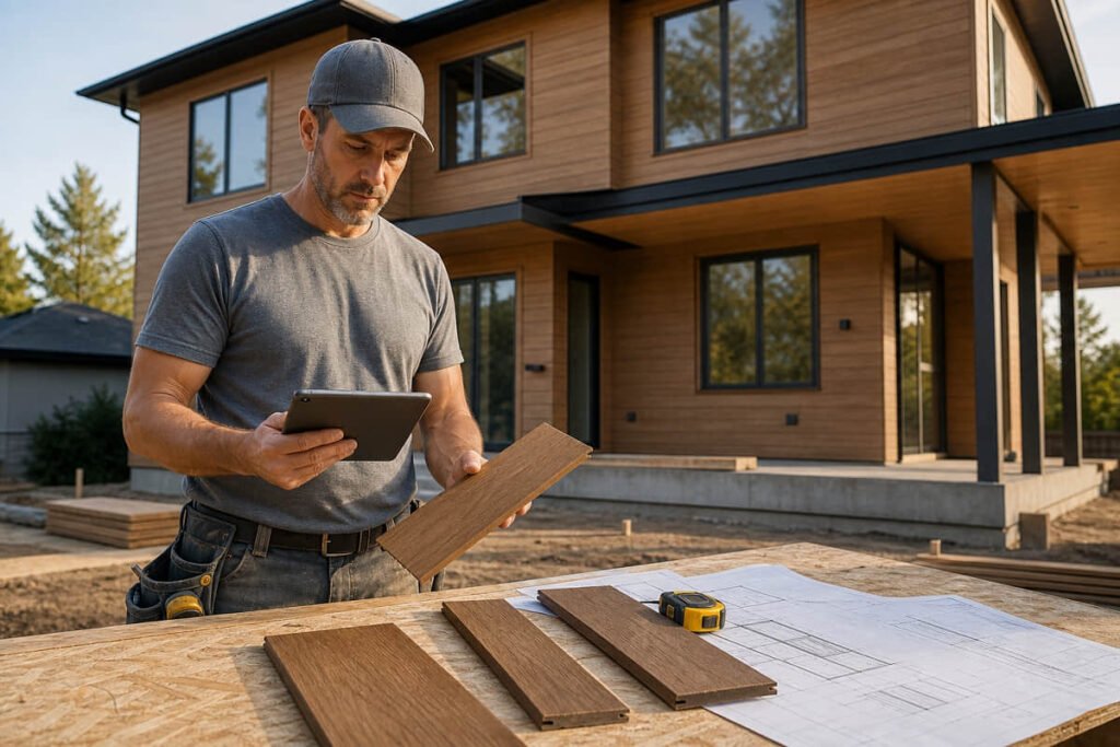 Builder estimating exterior cladding costs beside composite boards at a modern American home
