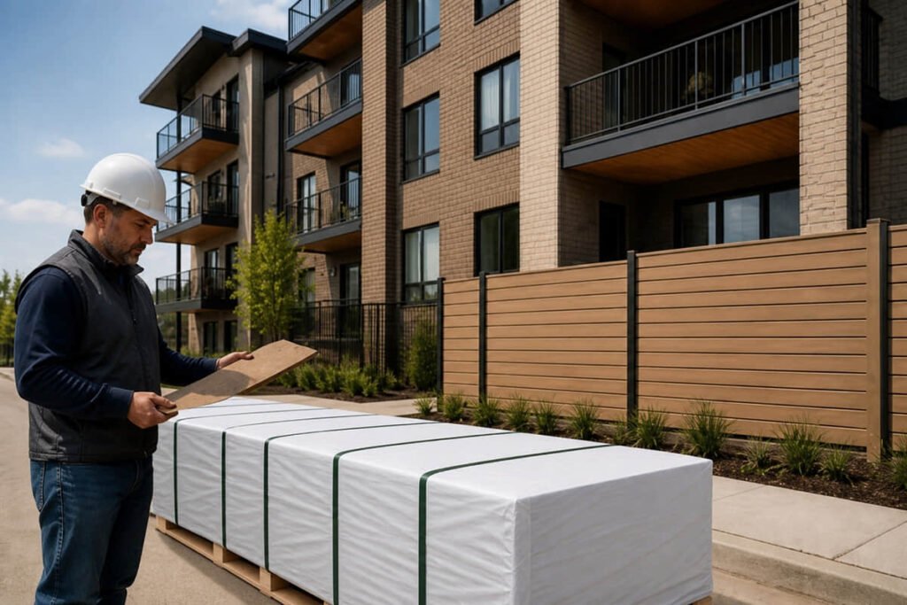 Modern U.S. multifamily property finished with coordinated composite decking, siding, and privacy fencing