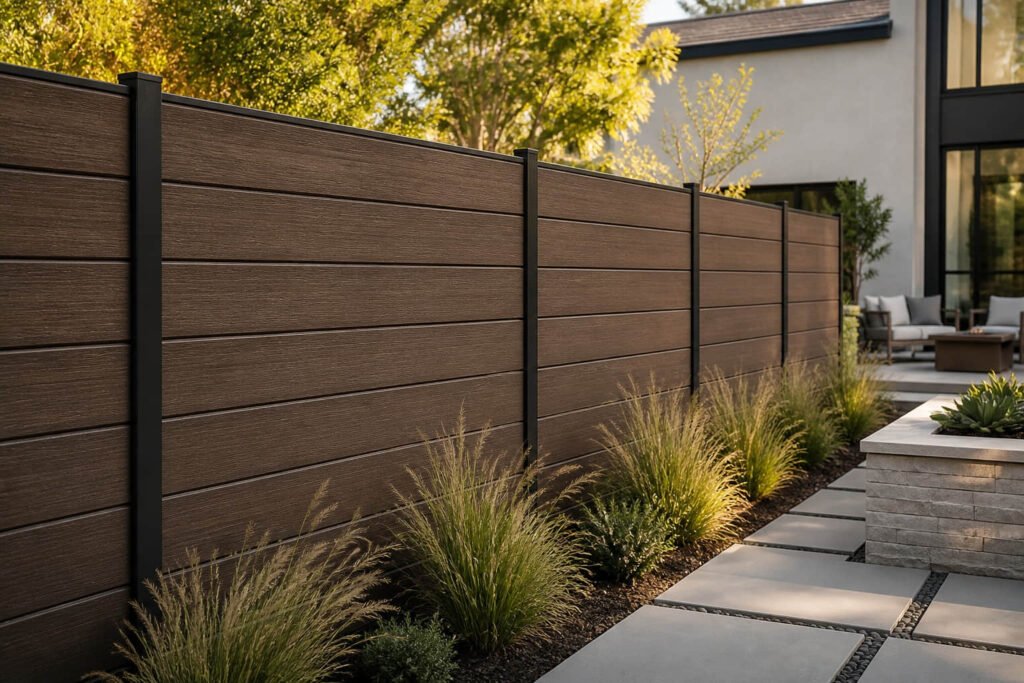 Contemporary American backyard featuring warm wood-look fencing with sleek black posts
