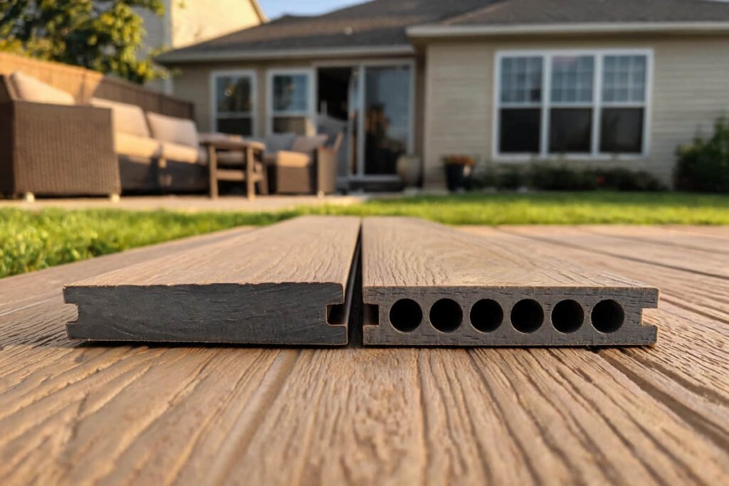 Composite decking board close-up showing wood grain texture and hollow-core design on a backyard patio deck